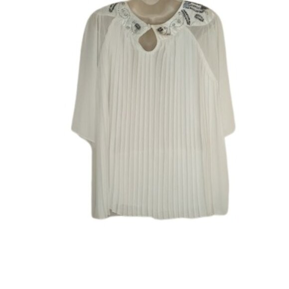 Inman Womens Pleated Beaded Embellished Blouse White Chiffon XL - Picture 3 of 3